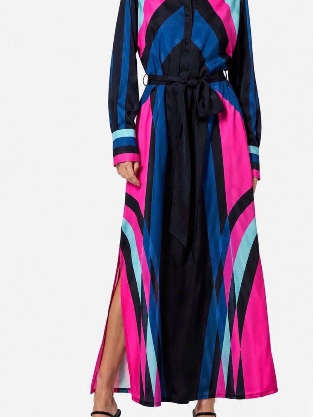 CIEBON Geometric Print Belted Maxi Shirt Dress Pink Teal M
